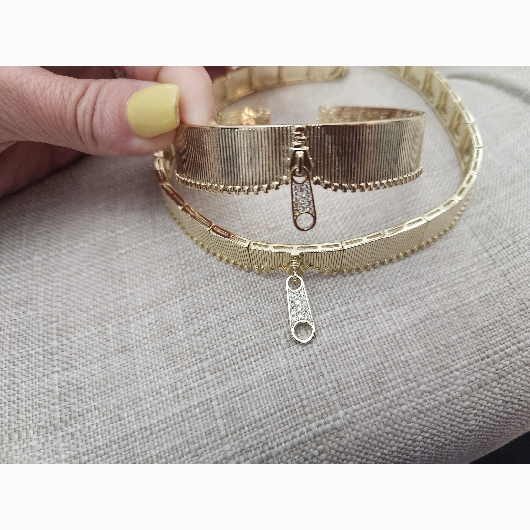 Melinda Maria Gold Zipper Choker Necklace And Bracelet Cuff Set